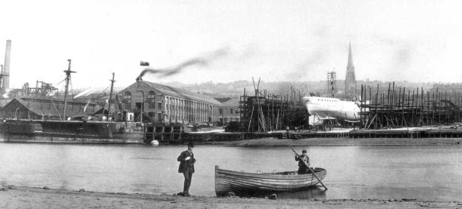 Elswick Yard with the Austro-Hungarian SMS Panther in production, viewed from Kings Meadow Island, 1885.