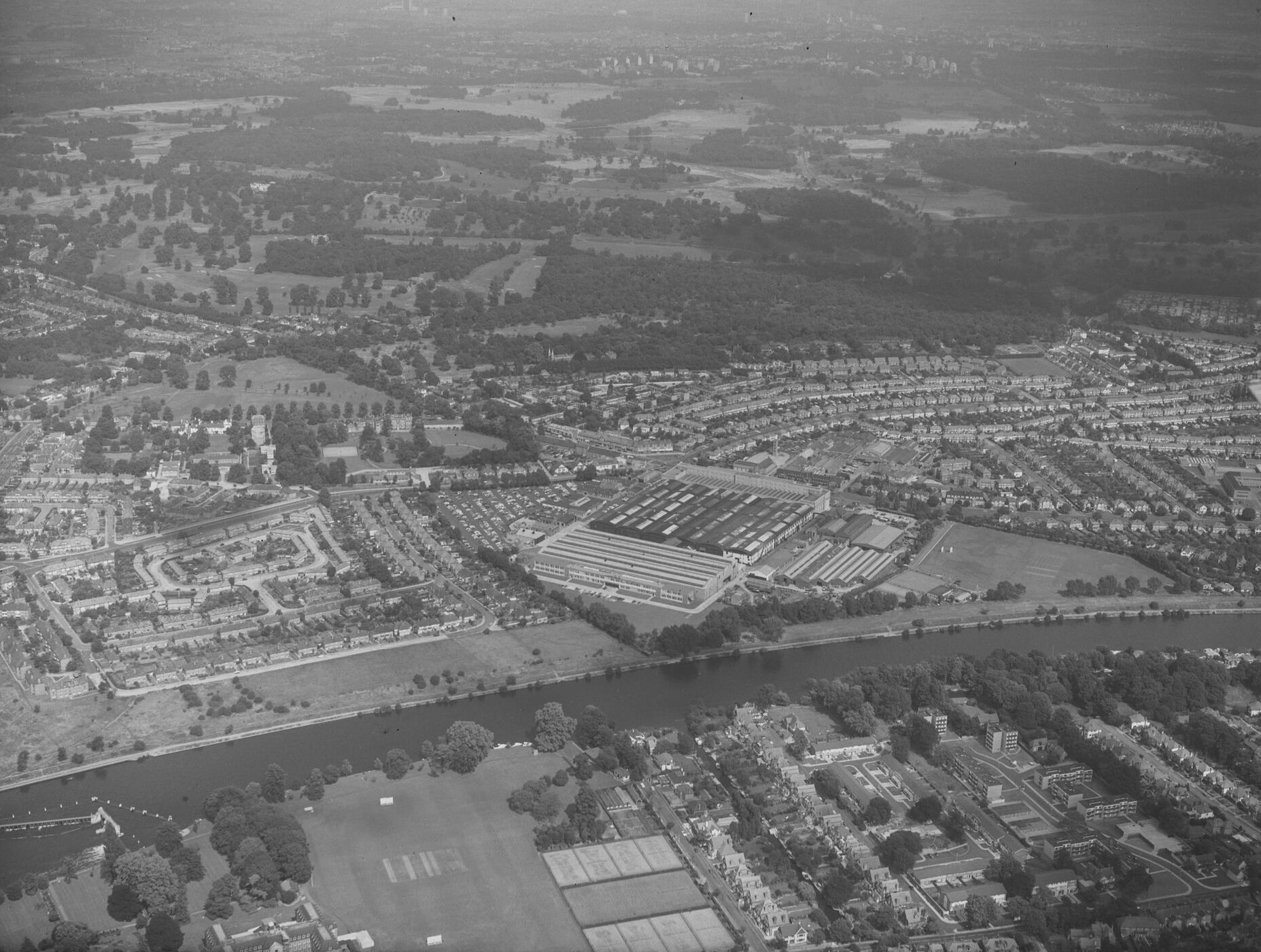 Aerial view of the Hawker Siddeley works, Kingston-on-Thames, 16th August 1966.