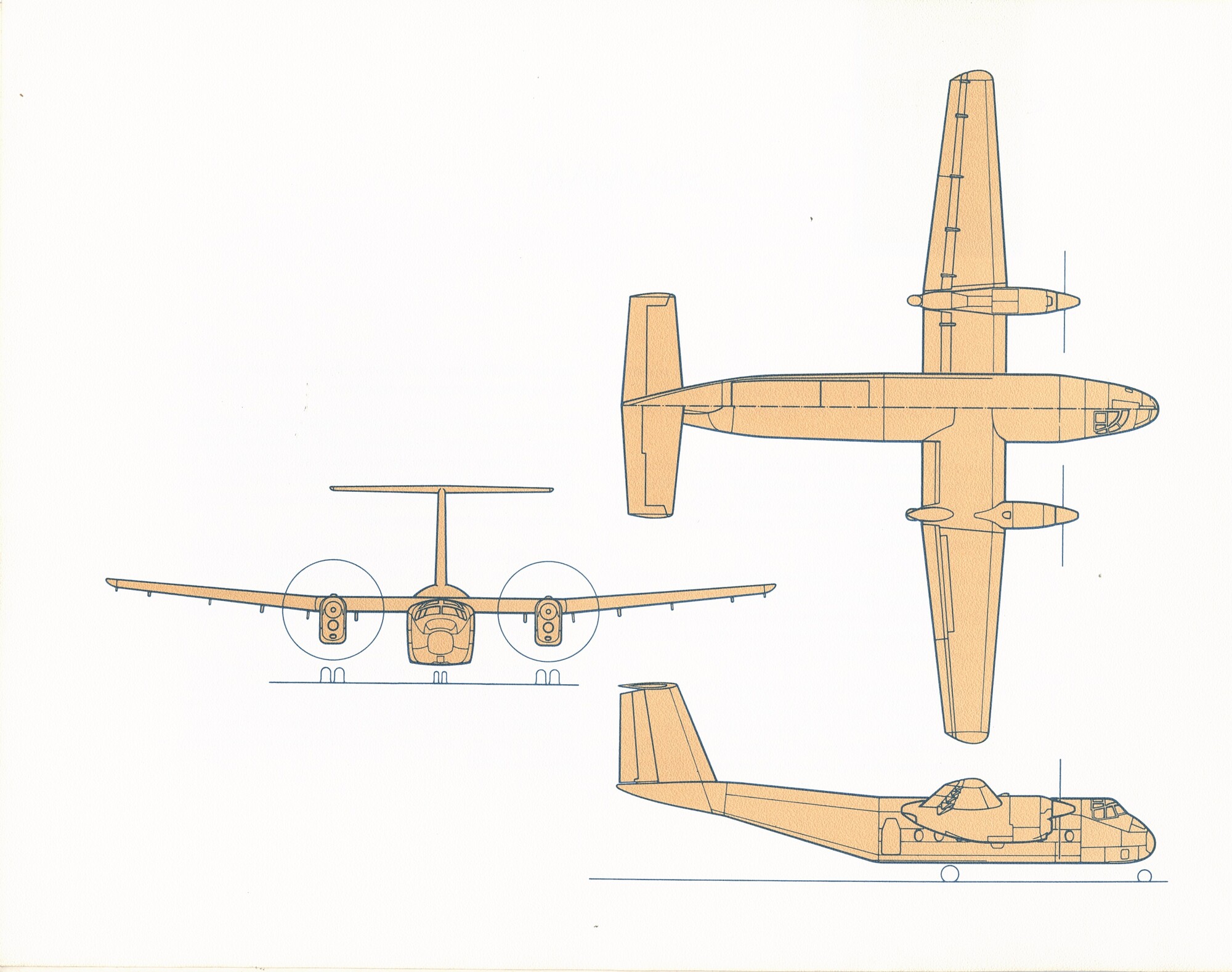 General arrangment three view drawing of a de Havilland Canada DHC-5 Buffalo.