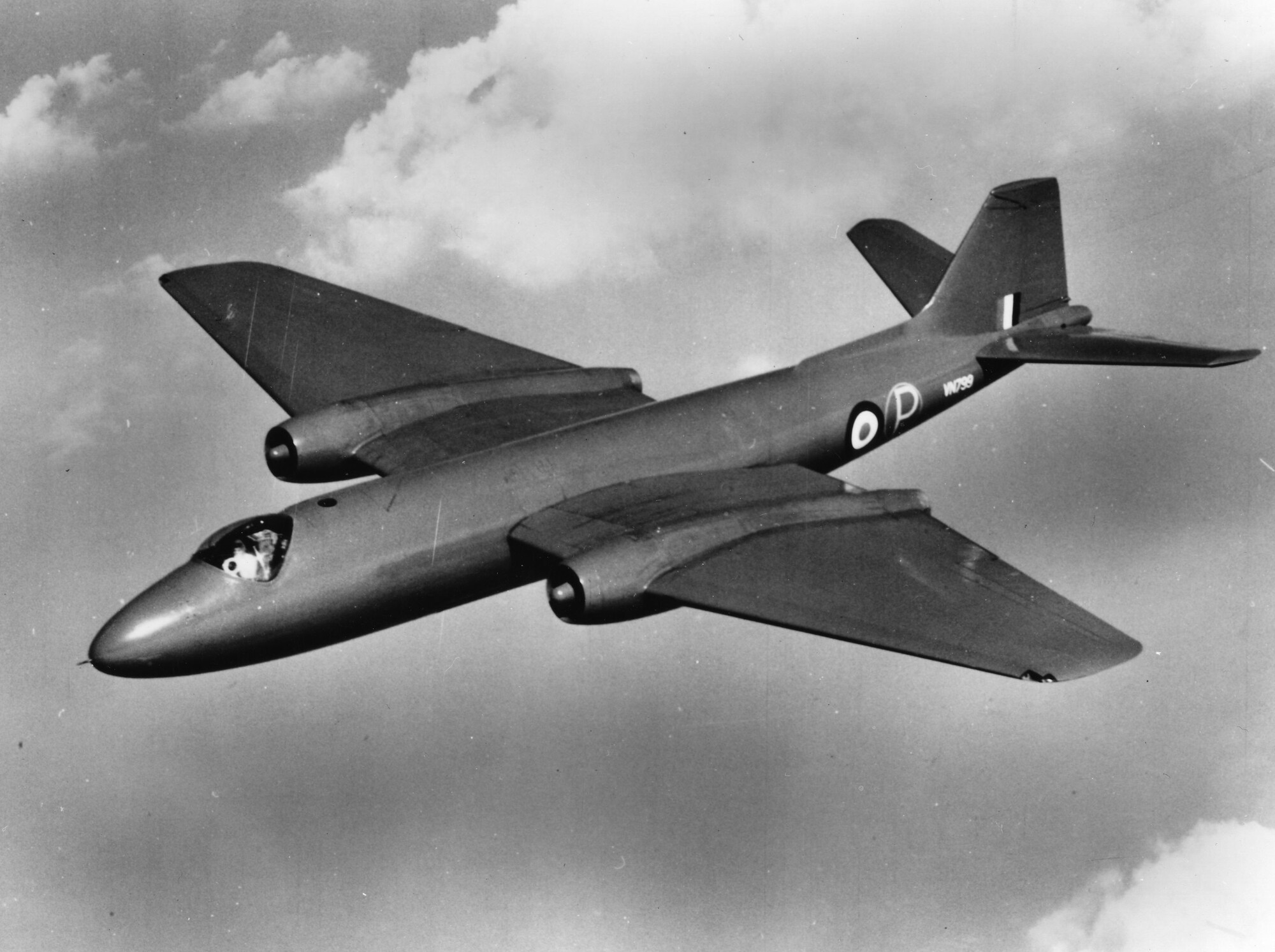 English Electric A1 - VN799 (Canberra prototype), 3 qtr port side front air to air view from above.