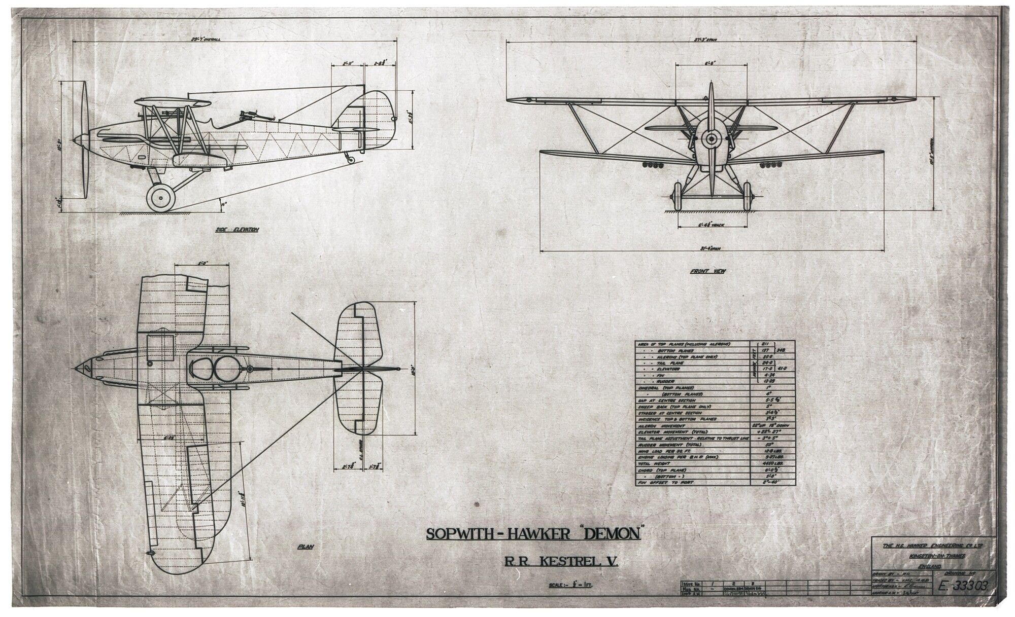Sopwith-Hawker Demon (with Rolls-Royce Kestrel V engine), three view drawing, 1935.