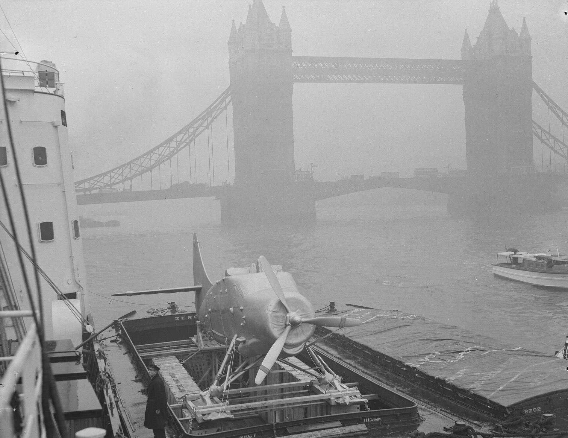 Loading of Antarctic Otter onto Magga Dan ship for shipment to Antarctica for the Trans-Antarctic Expedition, with Tower Bridge in background, 14th November 1956.