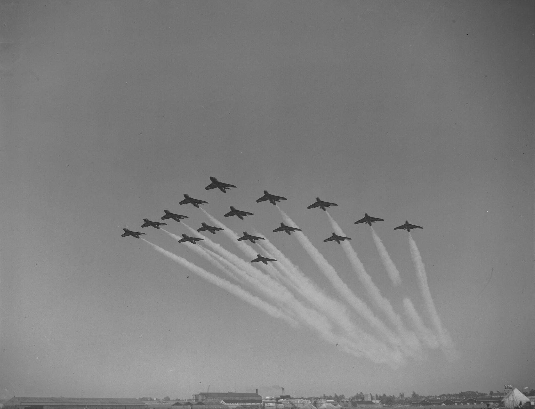 Sixteen Hawker Hunters in formation at the Farnborough Air Show, September 1959.