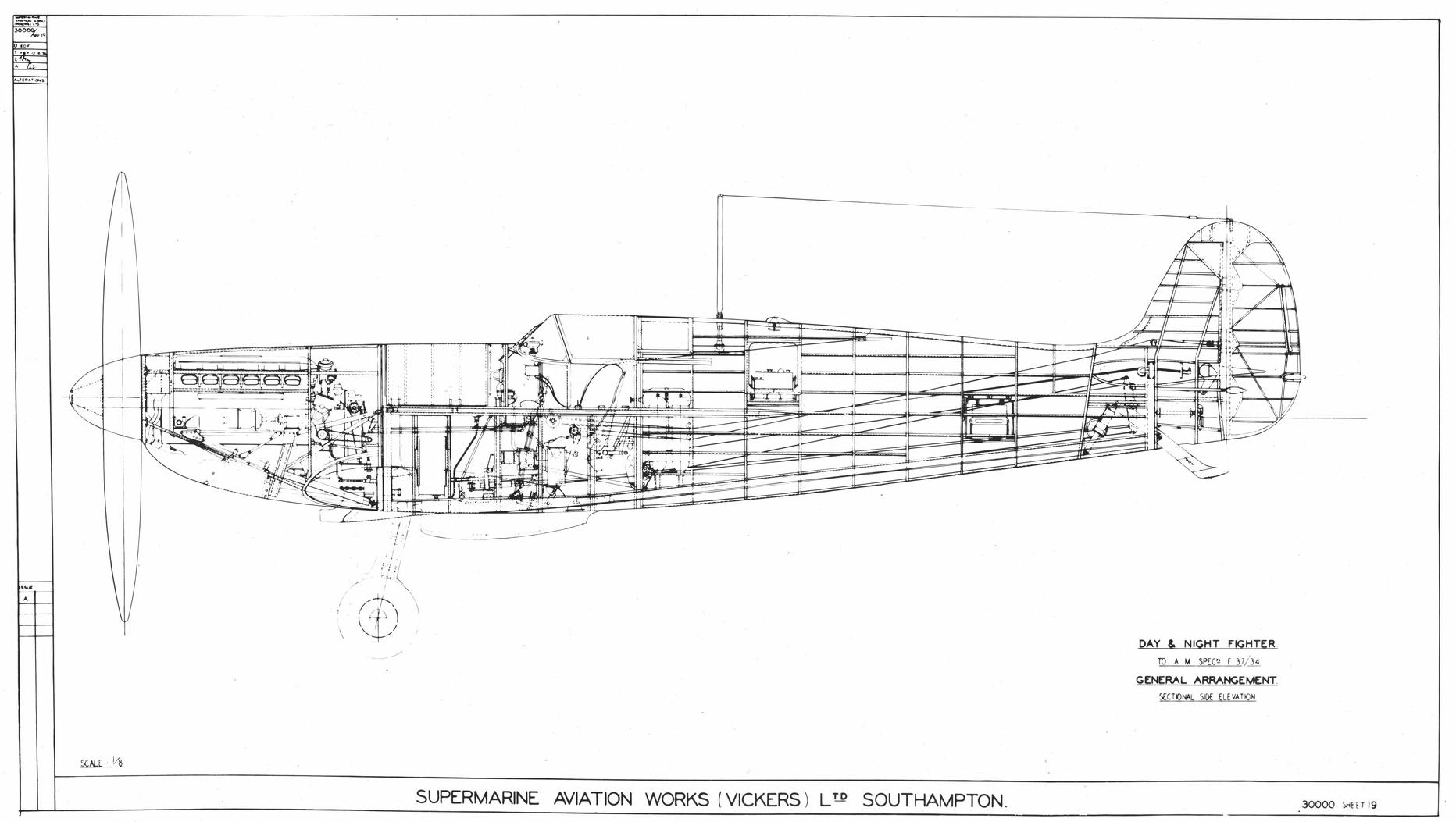 Side view drawing of prototype Supermarine Spitfire.