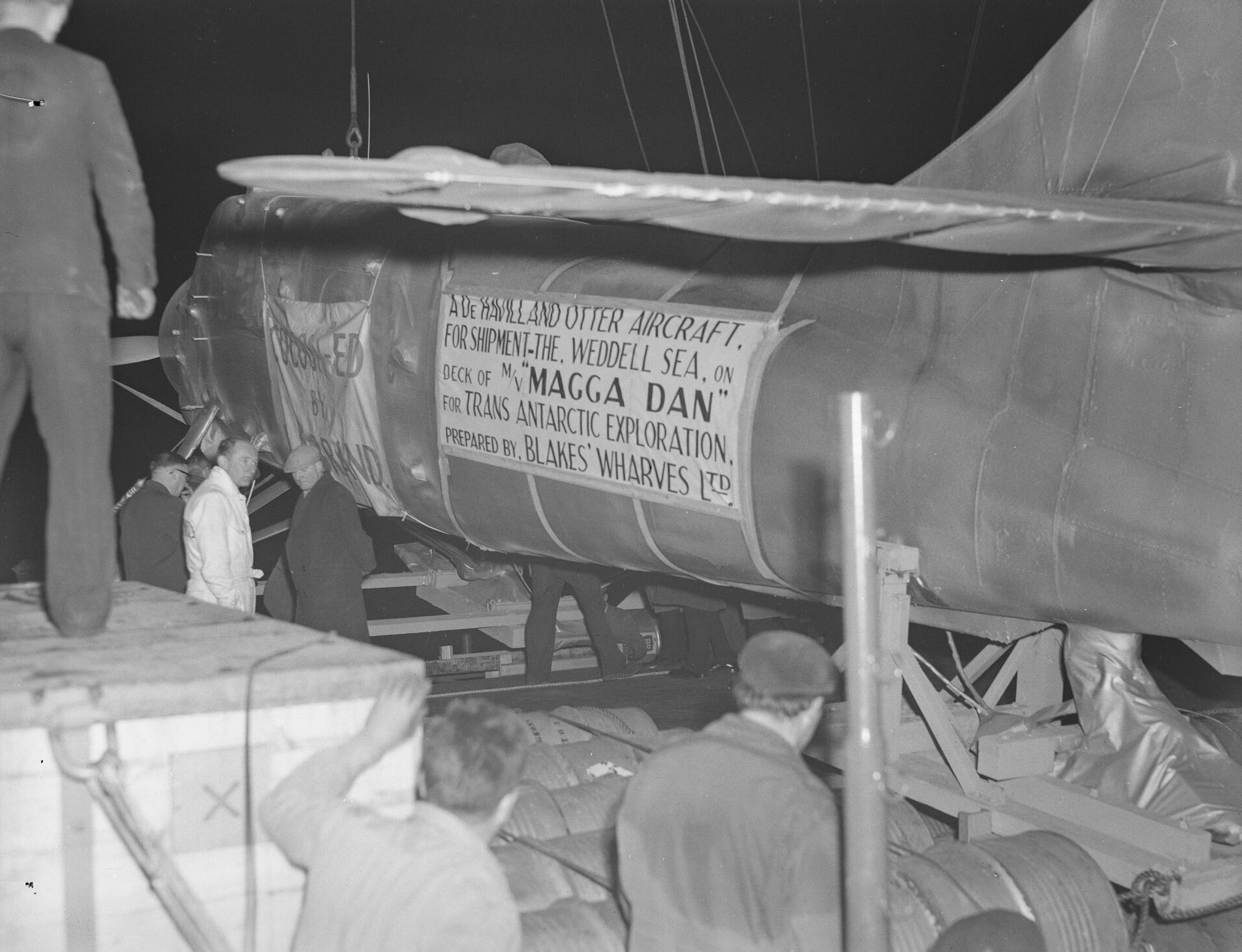 Loading of the DHC-3 Otter for the Commonwealth Trans-Antarctic Expedition on to the Magga Dan ship, 14th November 1956.