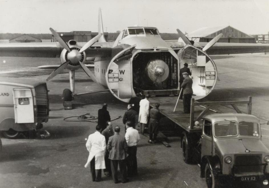 Gyron Engine being despatched by air to Short and Harland, Belfast, in a Bristol Type 170 Freighter, 18th April 1955.