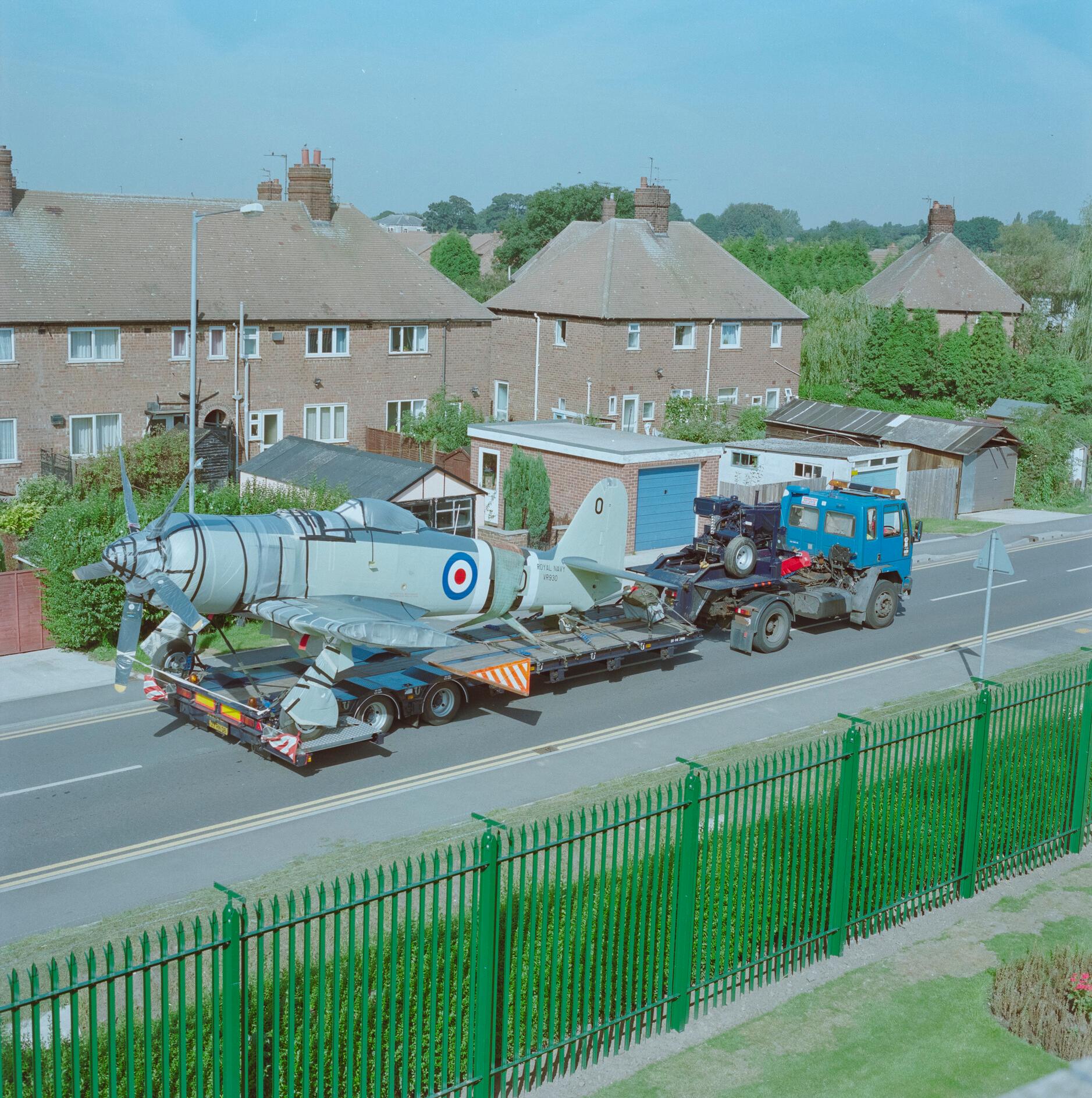 Royal Navy Historic Flight Hawker Sea Fury (VR930) being transported on lorry through Brough after rebuild by British Aerospace staff, 1997.
